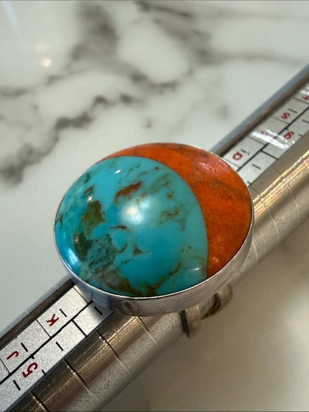 Silver ring with oyster turquoise and copper gemstone, size 7